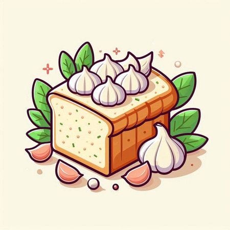Illustration of a slice of bread with garlic and green leaves.のイラスト素材