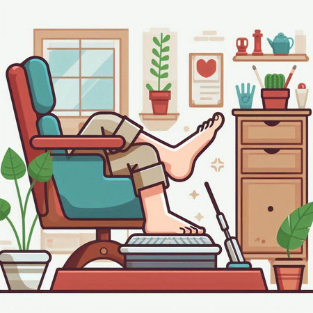 Vector illustration of a woman sitting in a chair at home and cleaning her feet with a vacuum cleaner.のイラスト素材