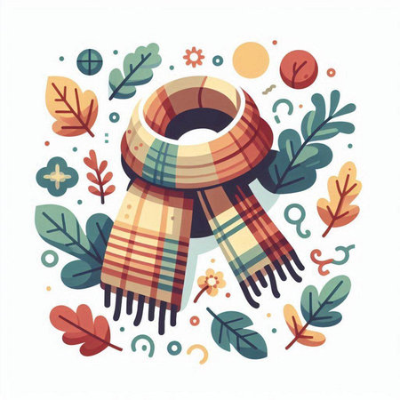 Cute hand drawn woolen scarf and autumn leaves. Vector illustration.のイラスト素材