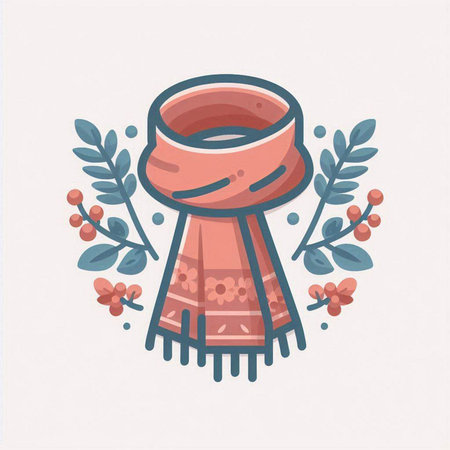 Warm winter scarf with berries and leaves. Vector illustration in cartoon style.のイラスト素材