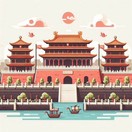 Ancient Chinese architecture on the river. Vector illustration in retro style.のイラスト素材
