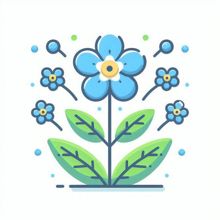 Flower icon. Vector illustration of a blue flower with green leaves.のイラスト素材