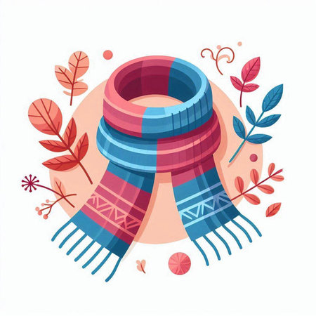 Vector illustration of a scarf with autumn leaves and berries. Flat design.のイラスト素材