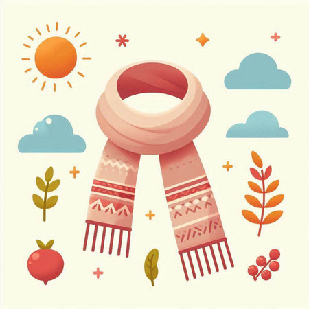 Vector illustration of a scarf with autumn leaves, berries and sun.のイラスト素材