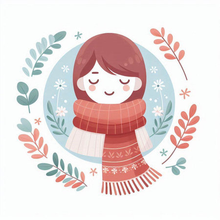 Cute cartoon girl in winter clothes with floral wreath. Vector illustration.のイラスト素材