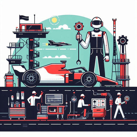 Car service. Automotive repair. Mechanic and worker. Vector illustrationのイラスト素材