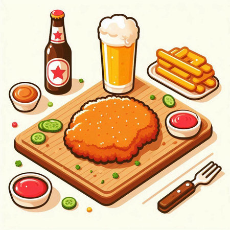 Illustration of fried chicken with beer, french fries and ketchupのイラスト素材