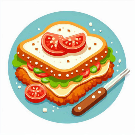 Sandwich with tomato and cheese on blue plate. Vector illustration.のイラスト素材