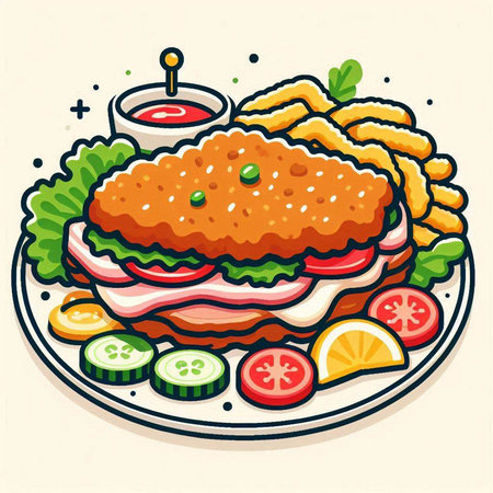 Illustration of a hamburger with fries and vegetables on a plateのイラスト素材