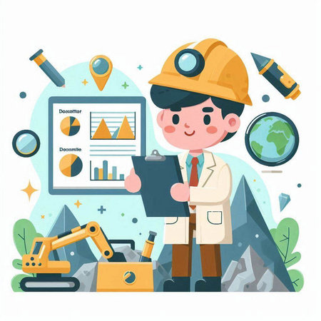 Engineer man with construction equipment. Vector illustration in flat style.のイラスト素材