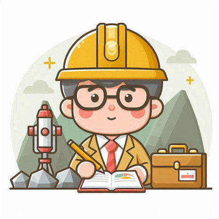Illustration of a male construction worker writing in a notebook with a rocket in the backgroundのイラスト素材