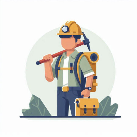 Engineer with hardhat and tools. Vector illustration in flat styleのイラスト素材