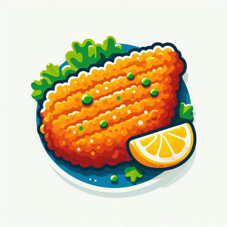 Illustration of fish fillet on a plate with lemon and saladのイラスト素材