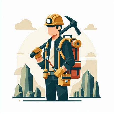 Vector illustration of miner with pickaxe. Flat style design. Vector illustration.のイラスト素材