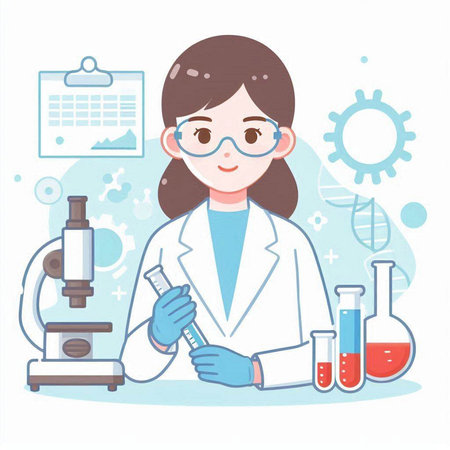 Scientist woman with test tube and microscope in laboratory. Vector illustration.のイラスト素材