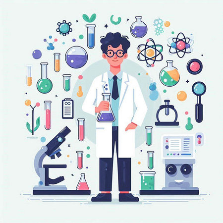 Scientist man with laboratory equipment and science icons. Vector illustration.のイラスト素材