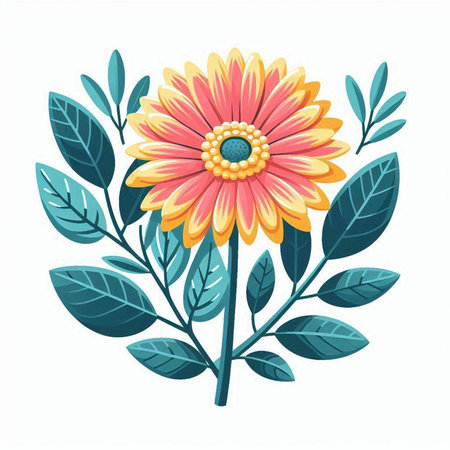 vector illustration of colorful gerbera flower with leaves isolated on white backgroundのイラスト素材