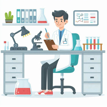 Vector illustration of a male scientist in a laboratory. Flat style design.のイラスト素材