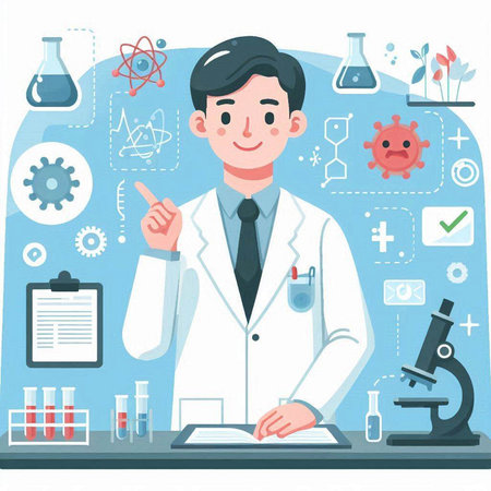 Scientist working in laboratory. Vector illustration in flat cartoon style.のイラスト素材