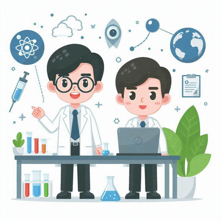 Scientist and scientist working at laboratory. Vector illustration in flat styleのイラスト素材