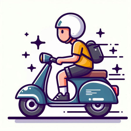 Boy riding a scooter. Vector illustration in a flat style.のイラスト素材
