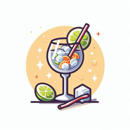 Alcoholic cocktail with lime and ice. Vector illustration in cartoon style.のイラスト素材