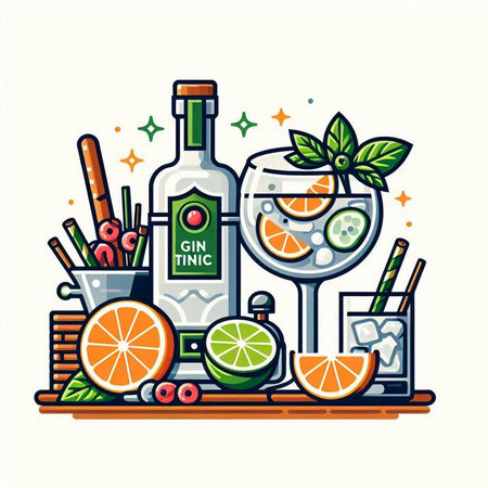 Cocktail drink set in flat line style. Vector illustration.のイラスト素材