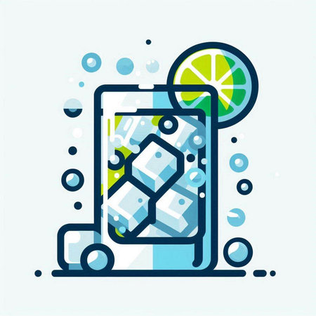 Vector illustration of mobile phone with ice cubes and lime in flat line style.のイラスト素材