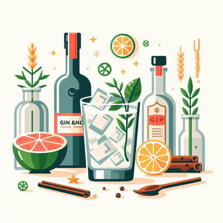 Alcoholic drinks. Cocktail, gin, rum, rum, brandy, liqueur. Vector illustration in flat styleのイラスト素材