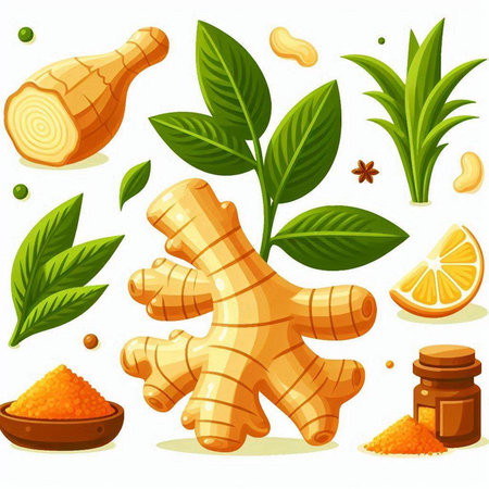 Ginger root and spice. Vector illustration isolated on white background.のイラスト素材