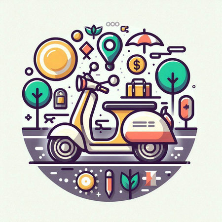 Retro scooter in a circle with different elements. Vector illustration.のイラスト素材