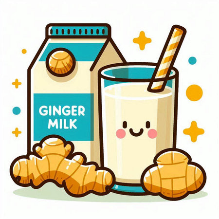 Cute vector illustration of a glass of ginger milk with a straw and ginger.のイラスト素材