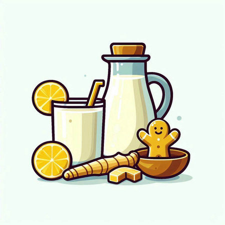 Milk in a glass jug with ginger and lemon. Vector illustration.のイラスト素材