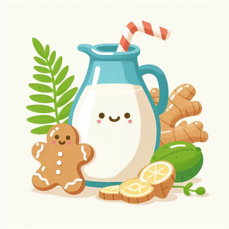 Kawaii vector illustration of a glass jug with milk, ginger, lemon, ginger and gingerbread cookies.のイラスト素材