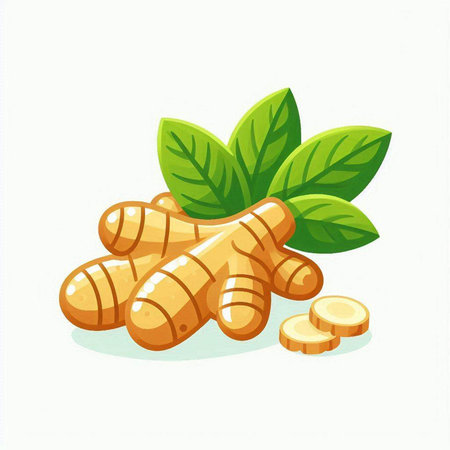 Fresh ginger root with leaves isolated on white background. Vector illustration.のイラスト素材