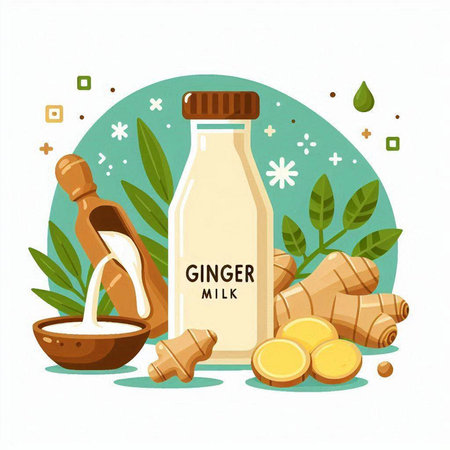 Ginger milk in a glass bottle and ingredients. Vector illustration.のイラスト素材