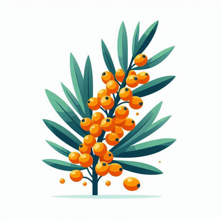 Sea buckthorn branch with berries and leaves. Vector illustration.のイラスト素材