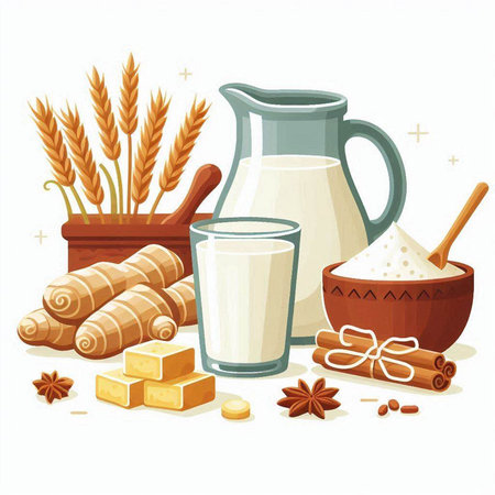 Illustration of a set of dairy products on a white background.のイラスト素材