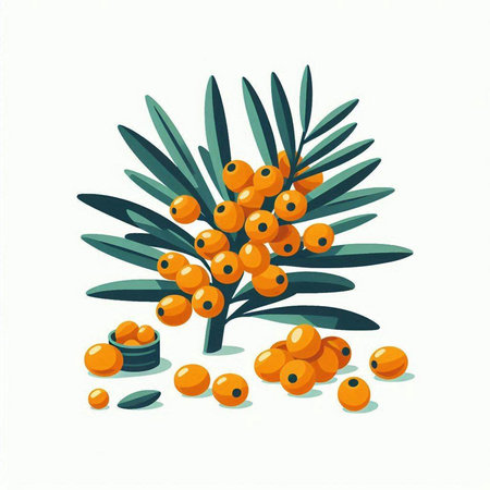 Branch of sea buckthorn with berries and leaves. Vector illustration.のイラスト素材
