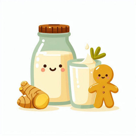 Milk in a glass jar, ginger and gingerbread man. Vector illustration.のイラスト素材