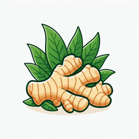Ginger root and leaves on white background. Vector illustration. Eps 10.のイラスト素材