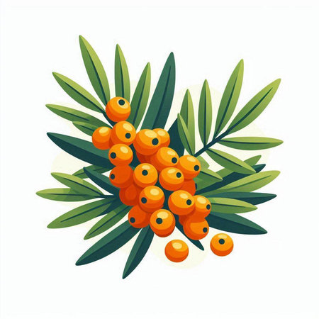 Sea buckthorn branch with berries and leaves. Vector illustration.のイラスト素材