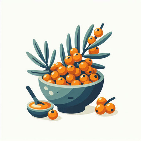 Sea buckthorn berries in a bowl. Vector illustration in cartoon style.のイラスト素材
