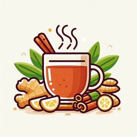Cup of hot tea with cinnamon, ginger and lemon. Vector illustrationのイラスト素材