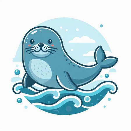 Cute seal swimming in the sea. Vector illustration on white background.のイラスト素材