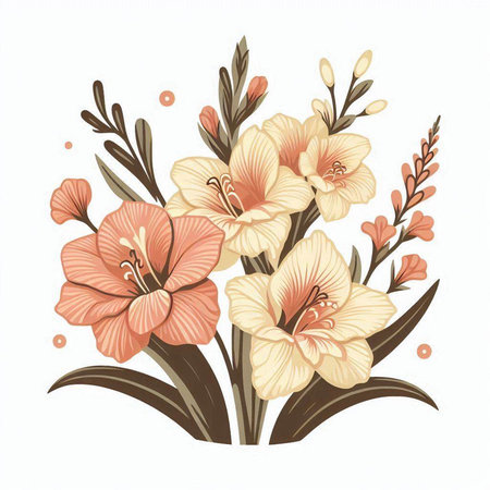 Vintage floral bouquet with lily flowers. Hand drawn vector illustration.のイラスト素材