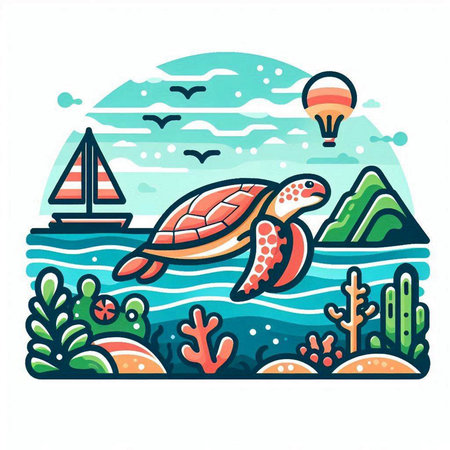Sea turtle and seagulls on the background of the sea. Vector illustration.のイラスト素材