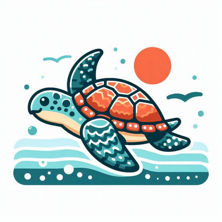 Sea turtle in the sea. Hand drawn vector illustration in cartoon style.のイラスト素材