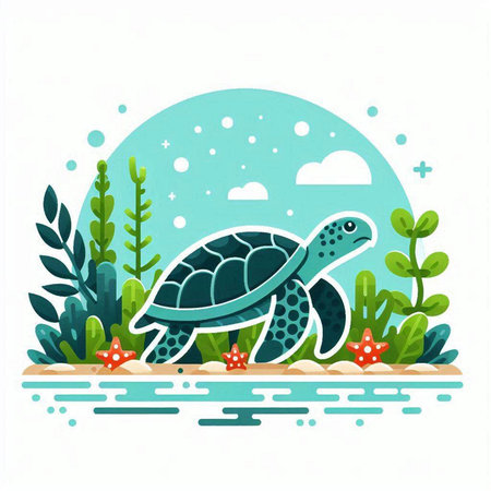 Turtle in the sea. Vector illustration of a flat design.のイラスト素材