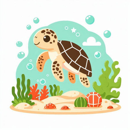 Cute cartoon sea turtle on the seashore. Vector illustration.のイラスト素材